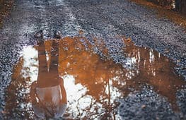 person looking at their reflection in a puddle pondering their beliefs